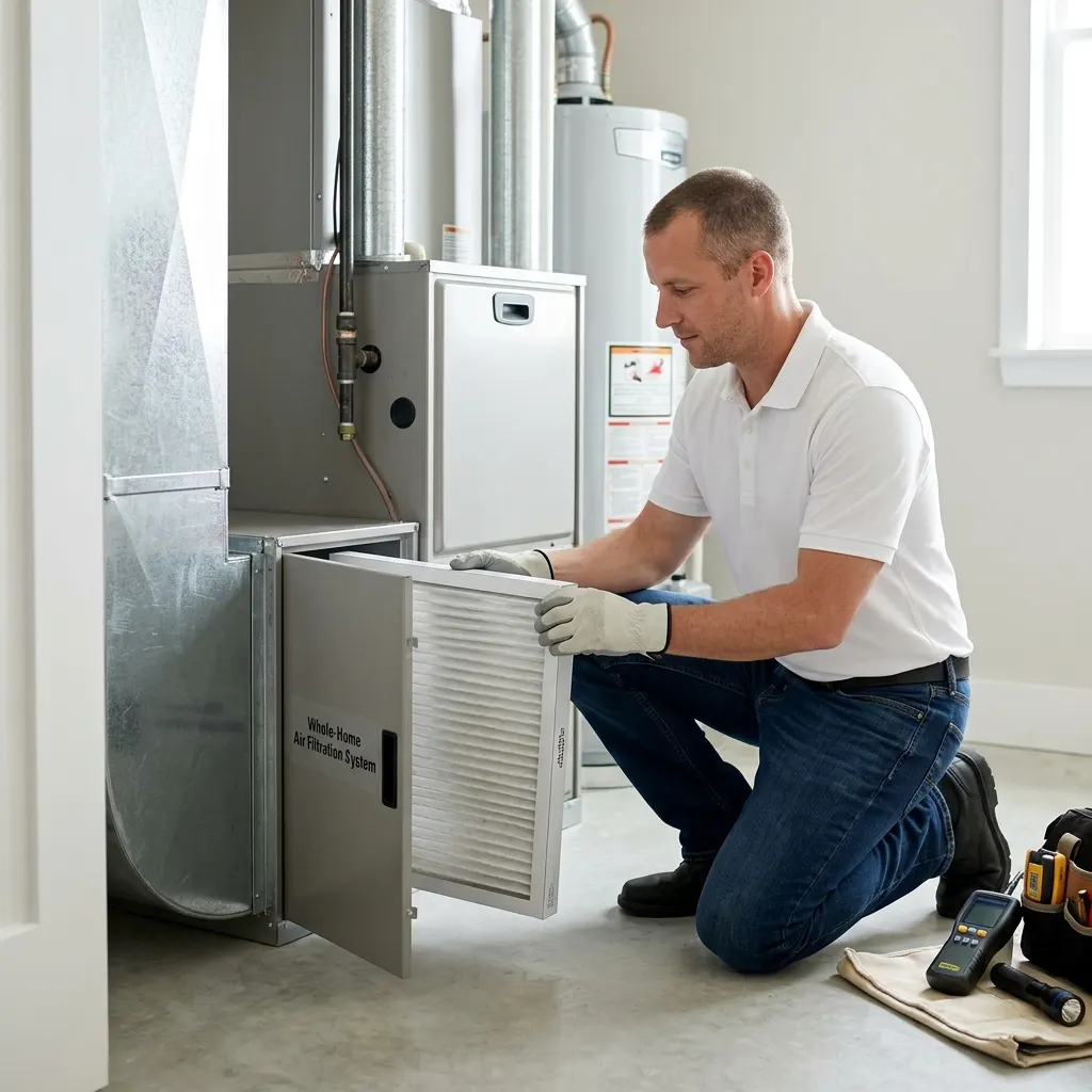 Whole-home air filtration system working with an HVAC system to capture airborne particles and improve indoor air quality throughout the home.